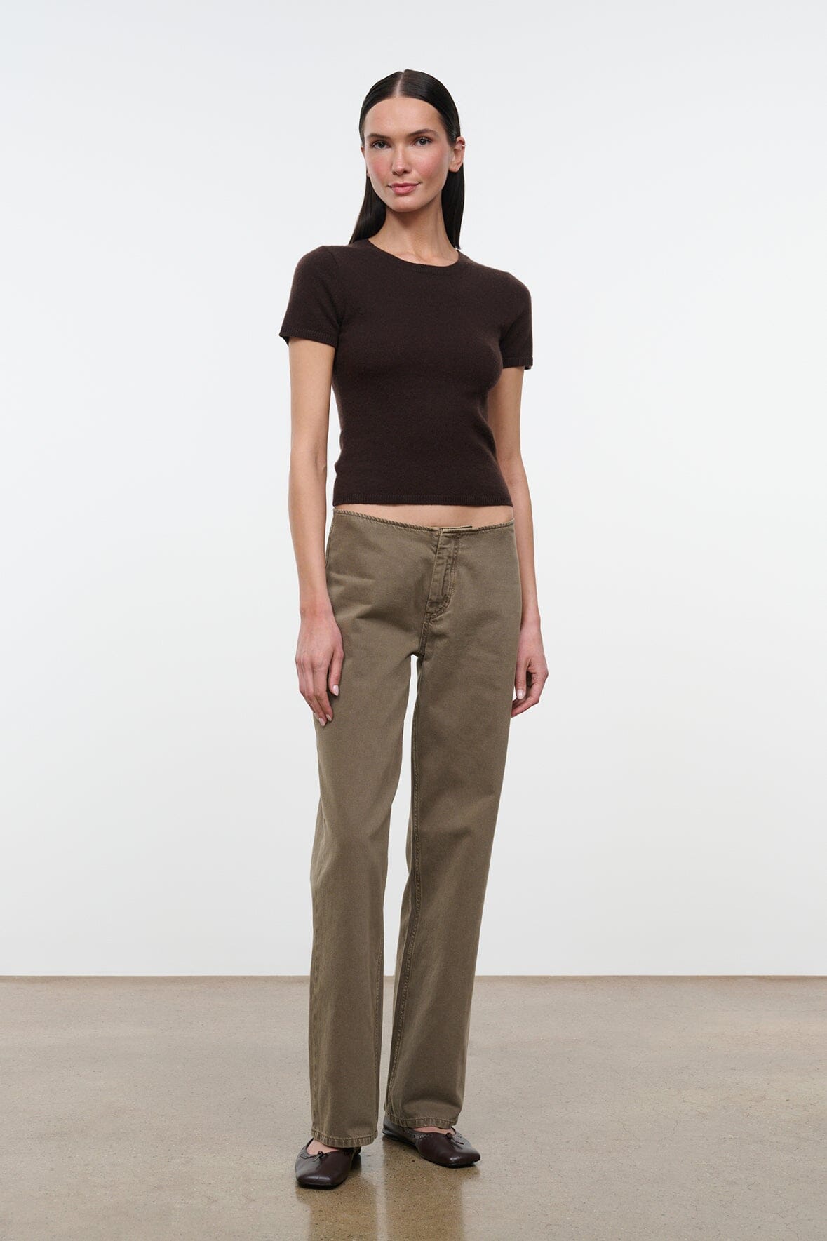 Greige straight-leg jeans with waistband button and zip fly