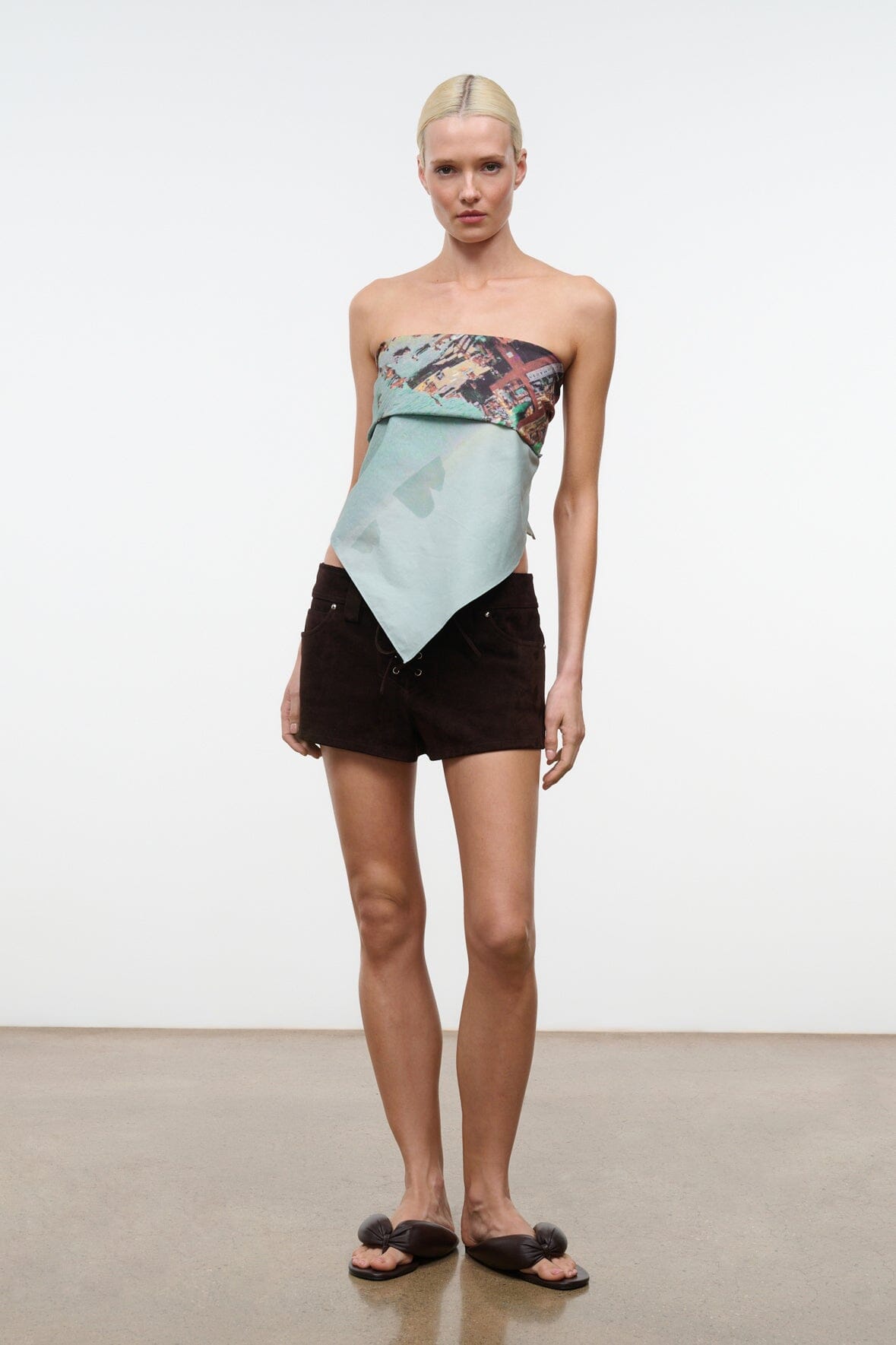 CECILE scarf bandeau with teal and multicolor print, V-shaped front drape