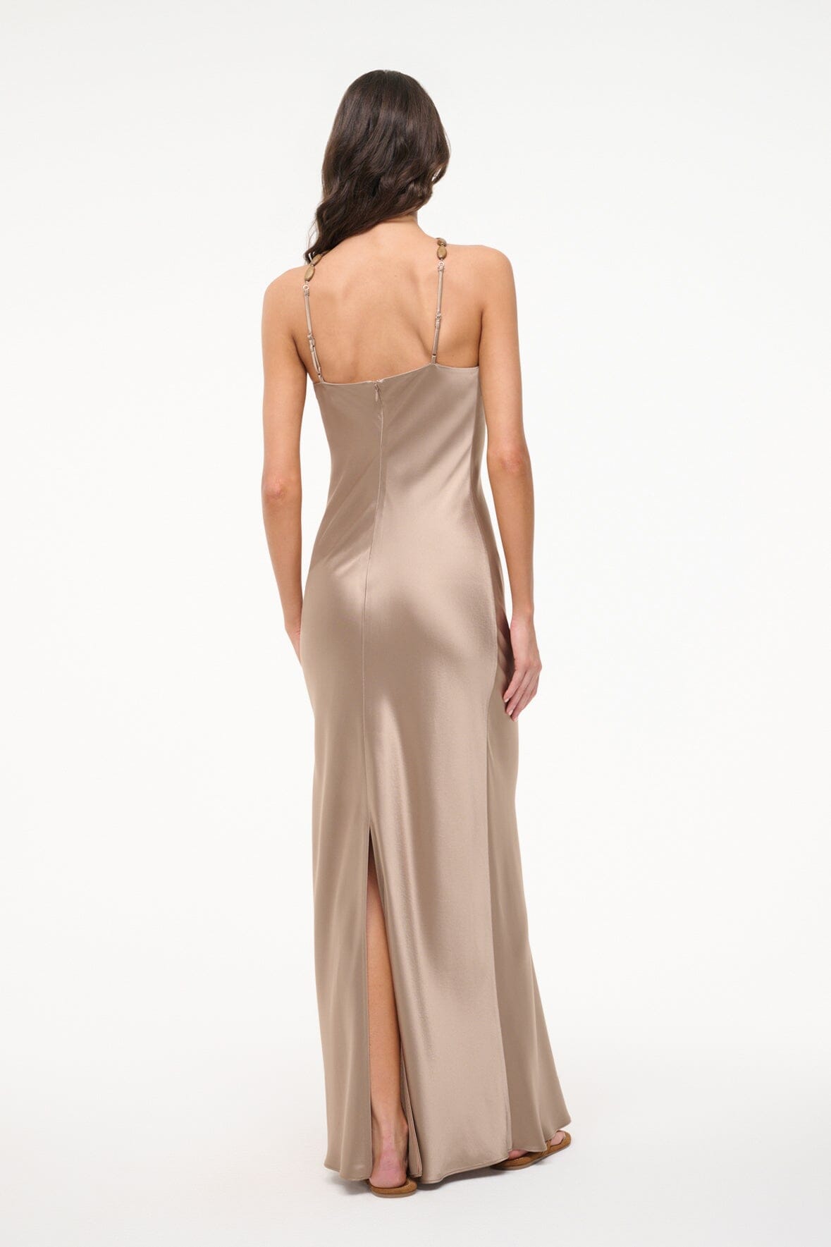 Dune satin maxi dress back view with adjustable tie straps