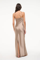 Dune satin maxi dress back view with adjustable tie straps