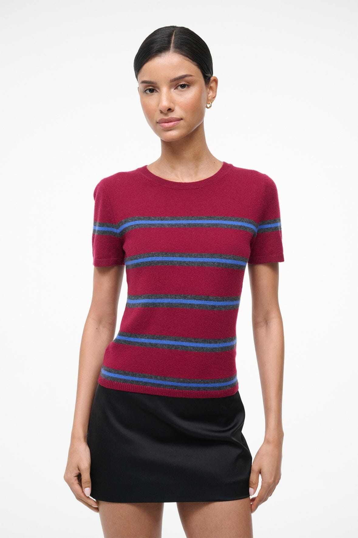Crimson cashmere tee with crew neck and blue/navy striped bands, short sleeves