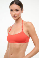 LAIRD halter triangle bikini top in coral red with beaded tie straps
