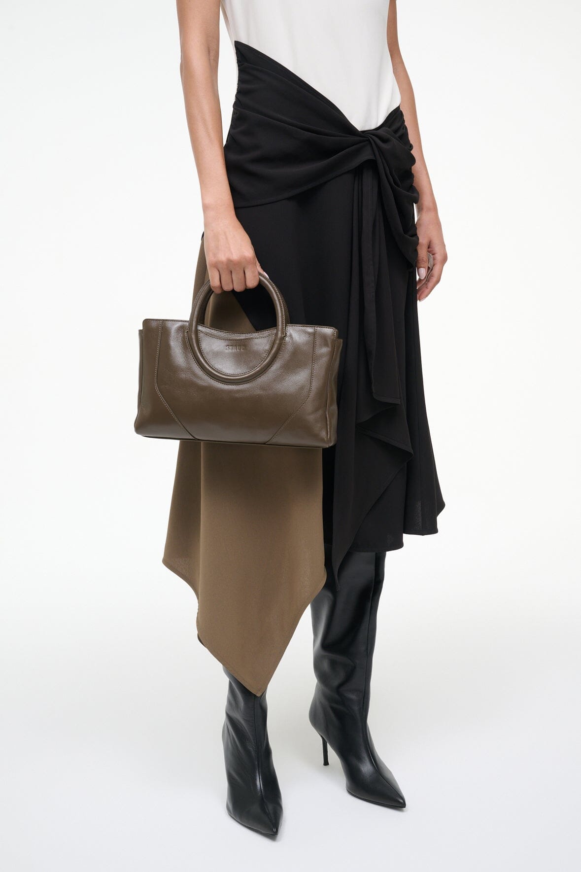 Maude mini satchel in truffle brown with top handles and structured shape