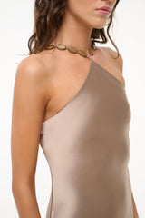 Dune satin halter neckline maxi dress with wrapped, draped front