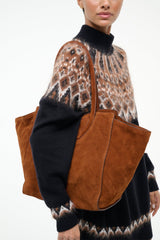 Tabac suede tote bag with two top handles, slouchy shape and stitched panels