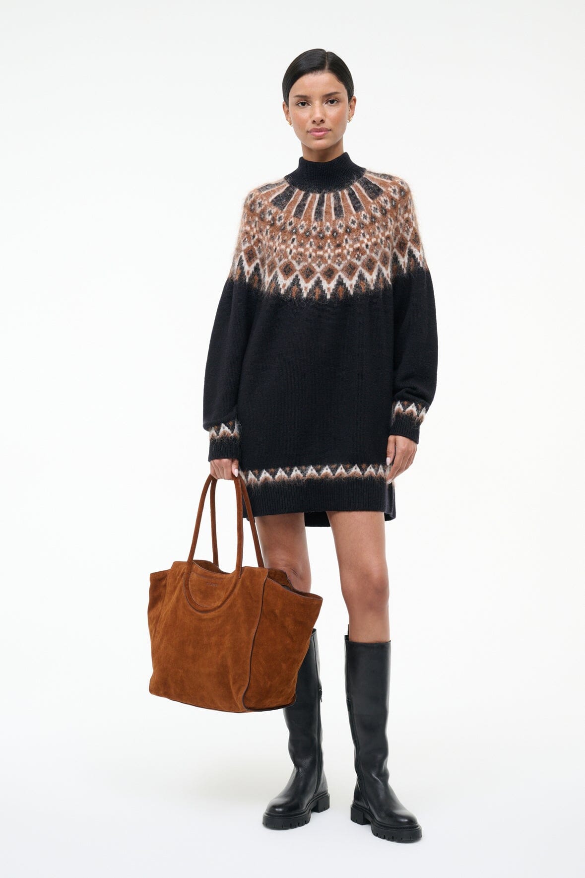 Tabac suede tote bag with short handles, roomy slouch silhouette with stitched seams