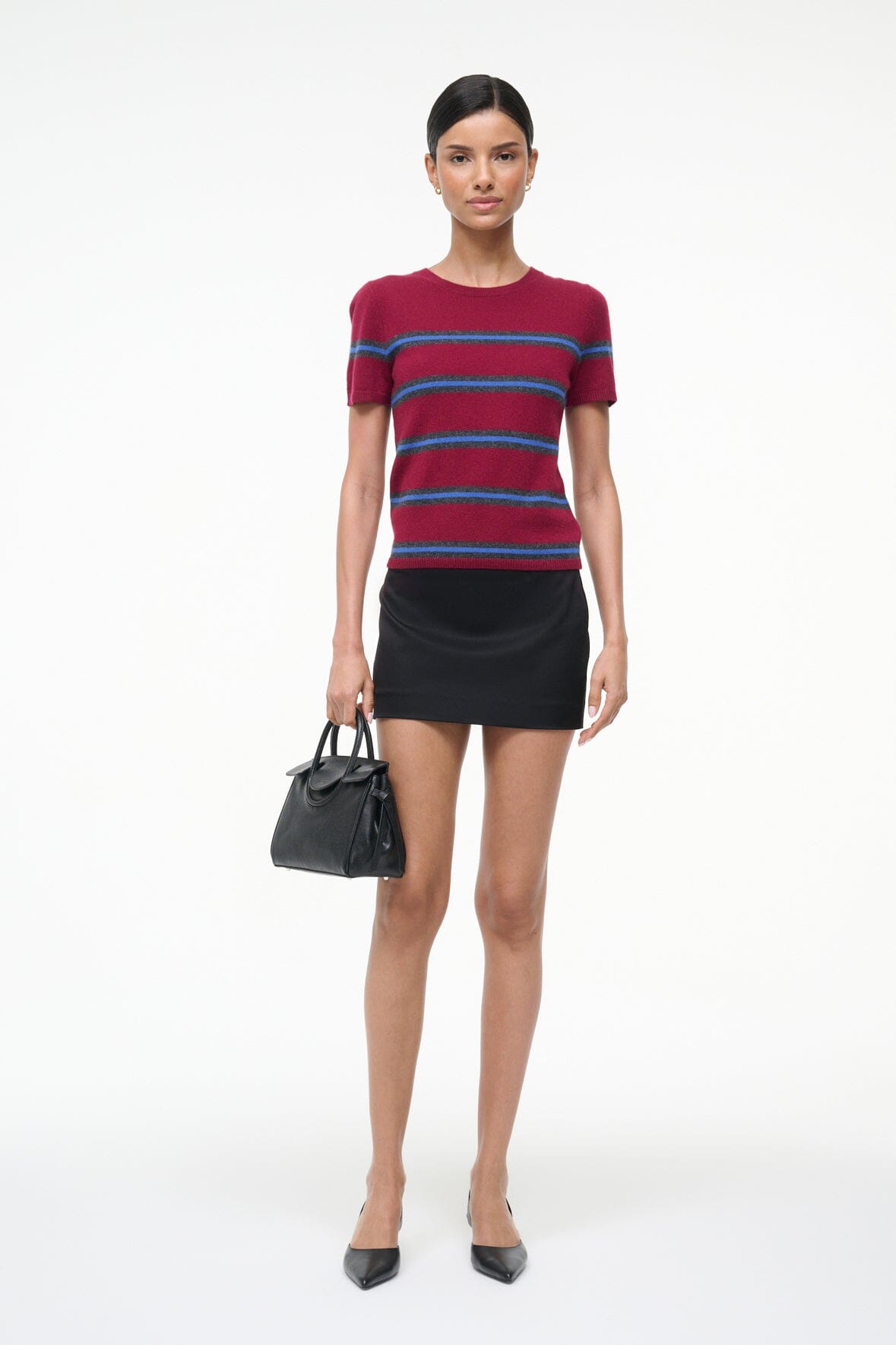 Crimson cashmere tee with horizontal blue/navy stripes, crew neck short sleeves