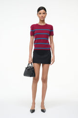 Crimson cashmere tee with horizontal blue/navy stripes, crew neck short sleeves