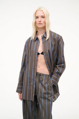 Dark vertical stripe button-up top, long sleeves, front placket and collar