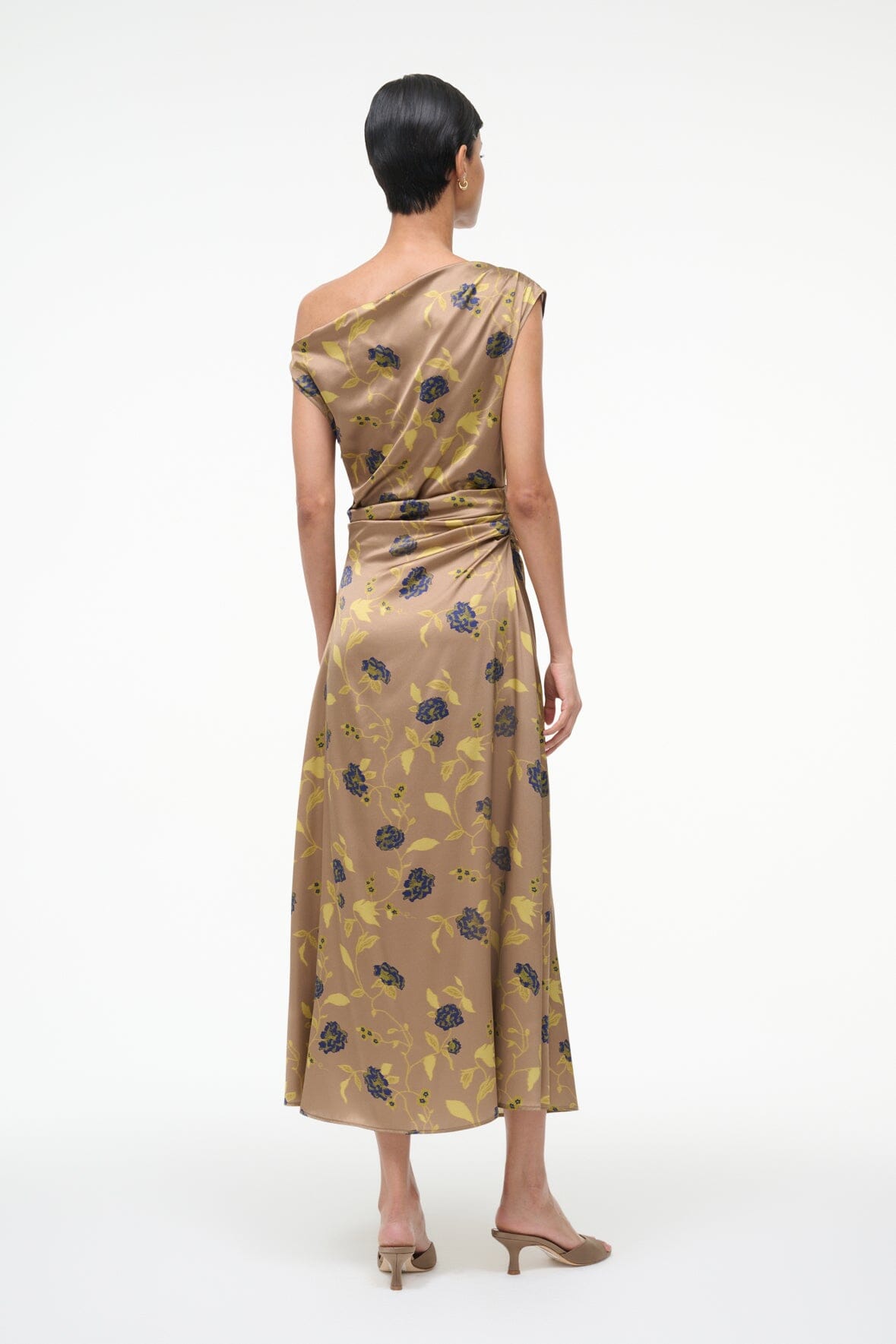 Silk midi dress with vintage floral print, open back and gathered waist