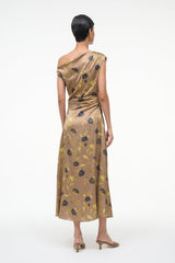 Silk midi dress with vintage floral print, open back and gathered waist