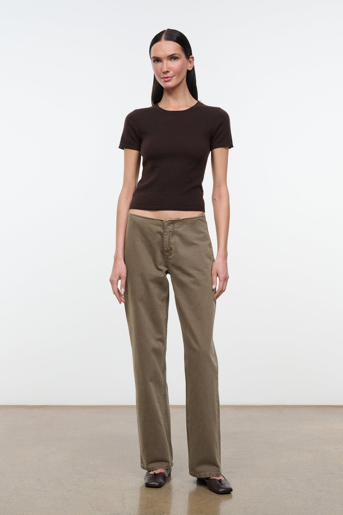 Greige straight-leg jeans with five-pocket front and belt loops