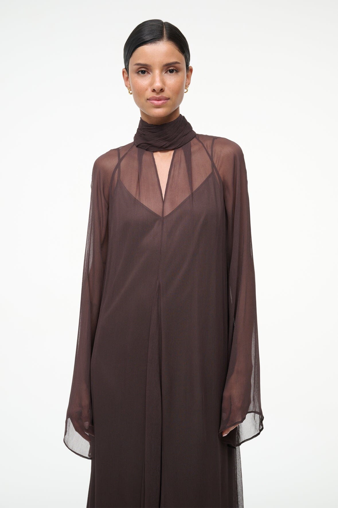 Brown maxi dress with high neck scarf, sheer sleeves, and V-neck chest