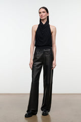 MONAY black halter bodysuit with draped neckline, high neck sleeveless