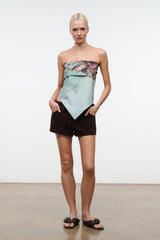 CECILE scarf bandeau with teal and multicolor print, front triangular drape
