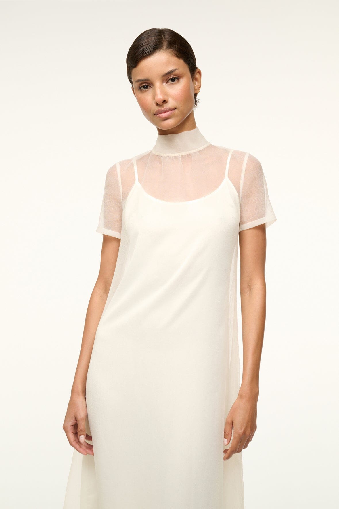 White slip dress with sheer sleeves and straight neckline