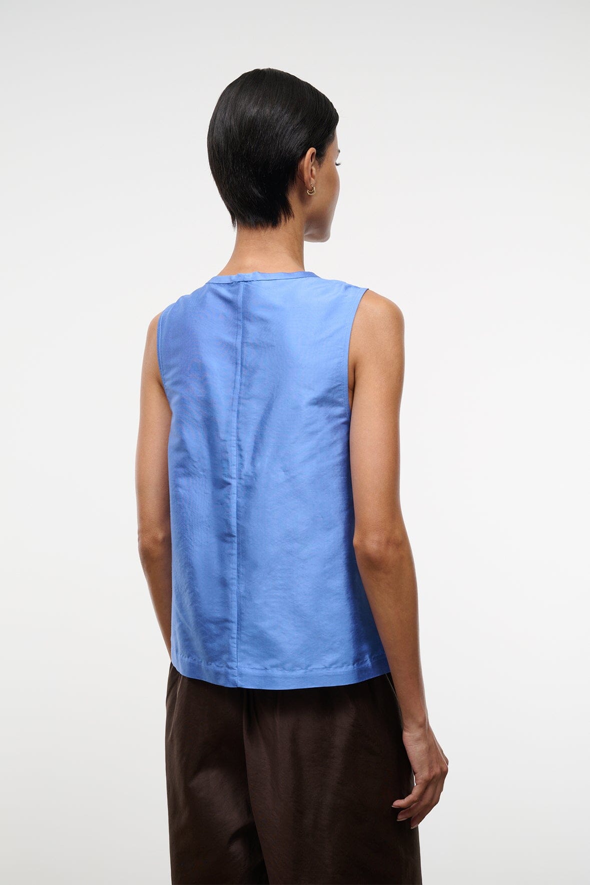 Light blue silk dupioni sleeveless top, back view with center seam