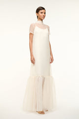 White maxi dress with sheer cap sleeves and tiered skirt
