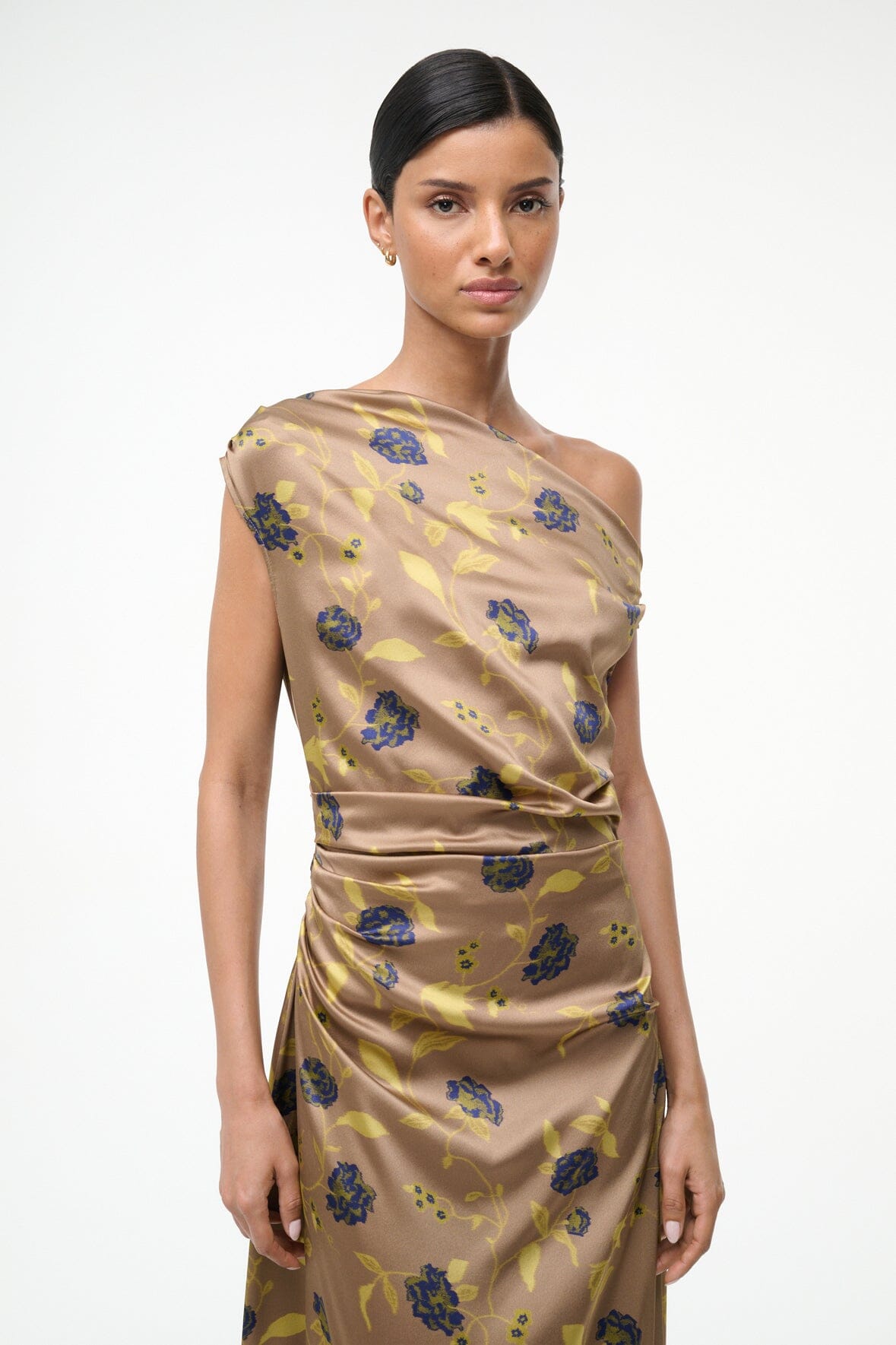Silk one-shoulder dress with vintage floral print and ruched drape at the waist
