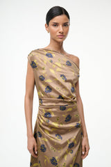 Silk one-shoulder dress with vintage floral print and ruched drape at the waist