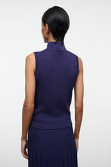 Back view of navy sleeveless turtleneck knit top with ribbed neckline