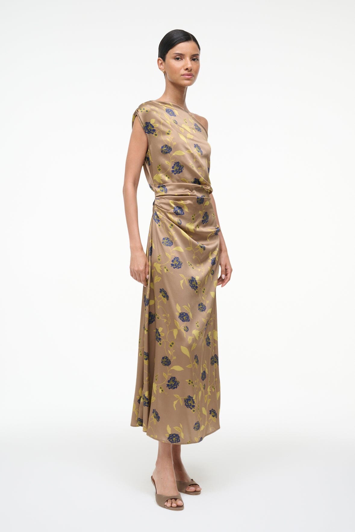 Silk draped midi dress with vintage floral print and one-shoulder neckline
