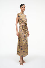 Silk draped midi dress with vintage floral print and one-shoulder neckline
