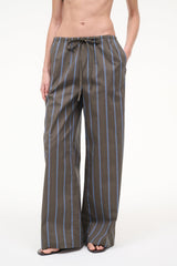 Dark vertical striped drawstring wide-leg pants, relaxed full length.