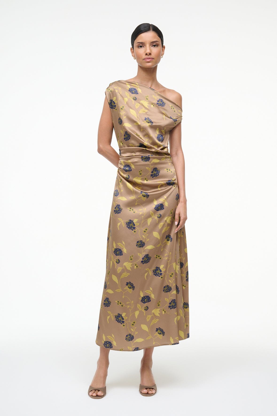 Silk midi dress with vintage floral print, draped one-shoulder bodice and waist tie