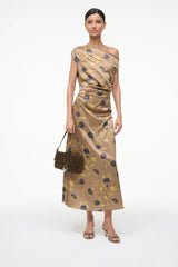 BRIGITTE satin mule, truffle brown open-back slide on model with midi hem