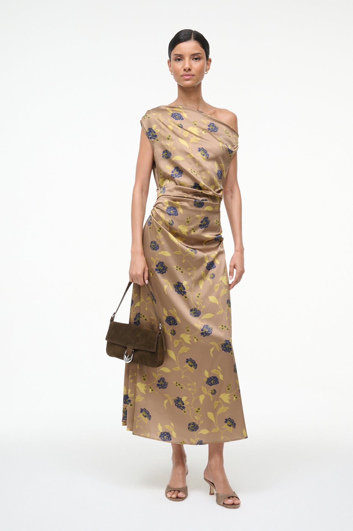 Silk midi dress with vintage floral print, wrapped waist detail and side drape