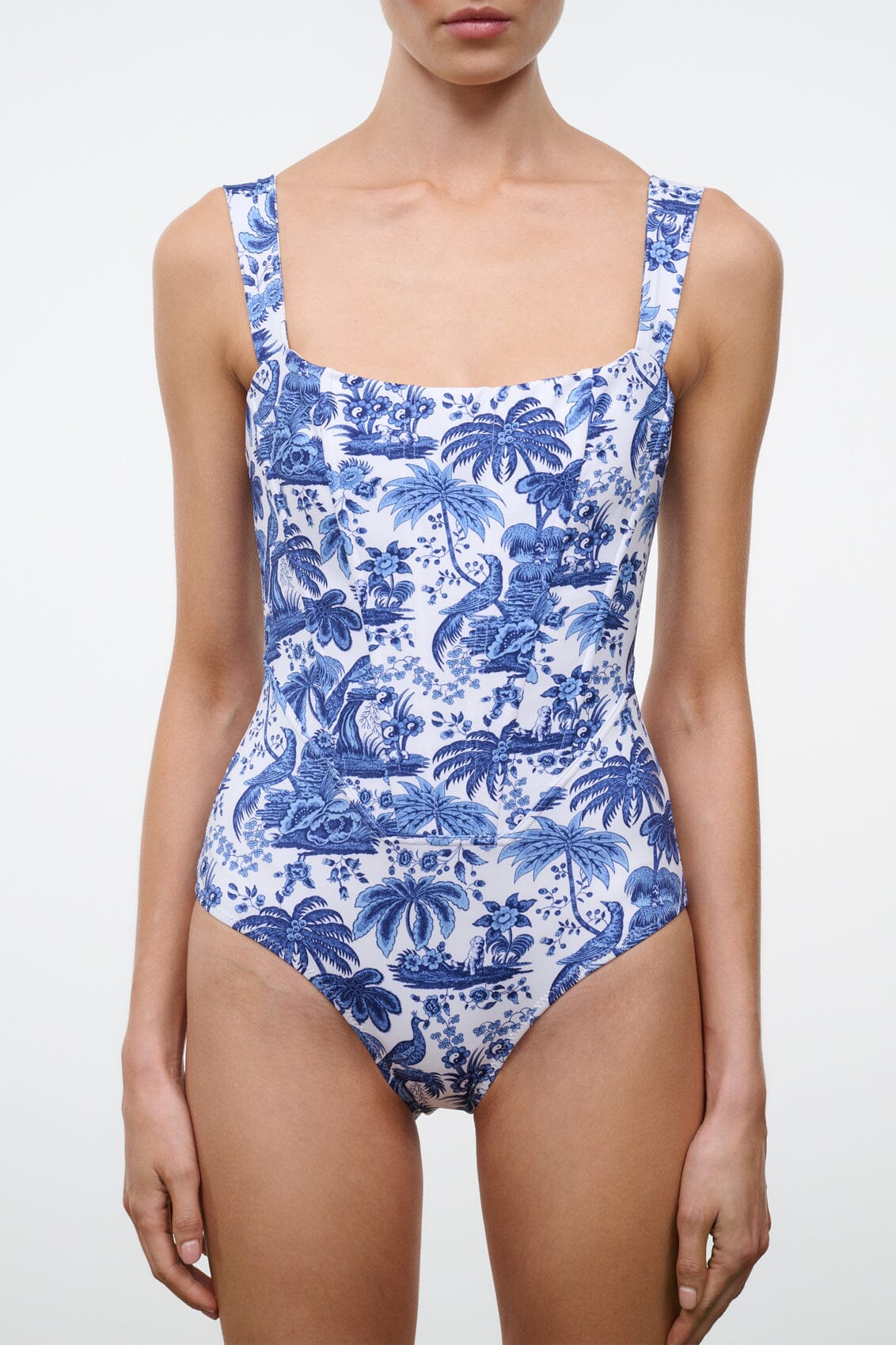 Front view one-piece swimsuit, square neckline, thin straps, blue toile print