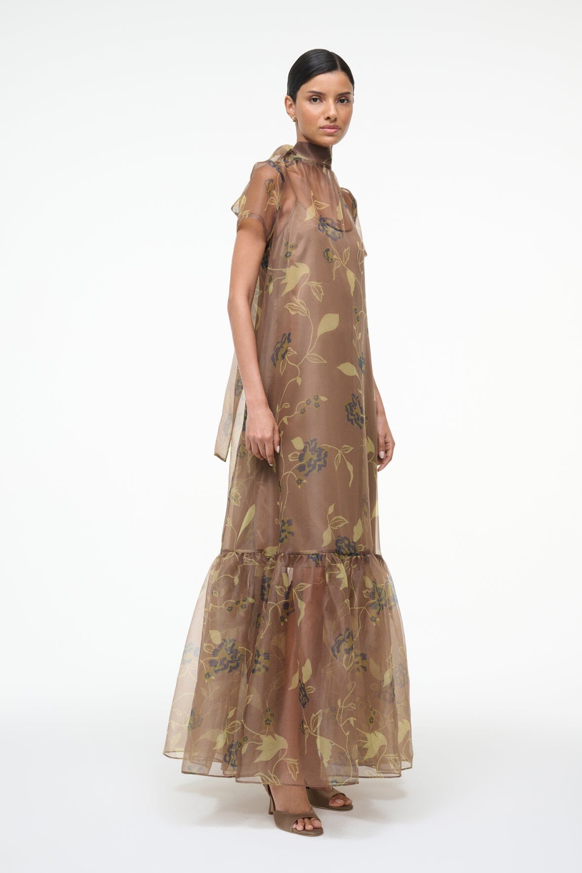 Brown vintage floral sheer maxi dress with high neck and layered tiered skirt hem