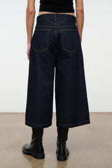 Hunter indigo denim culotte jeans, wide leg, back view with patch pockets and yoke