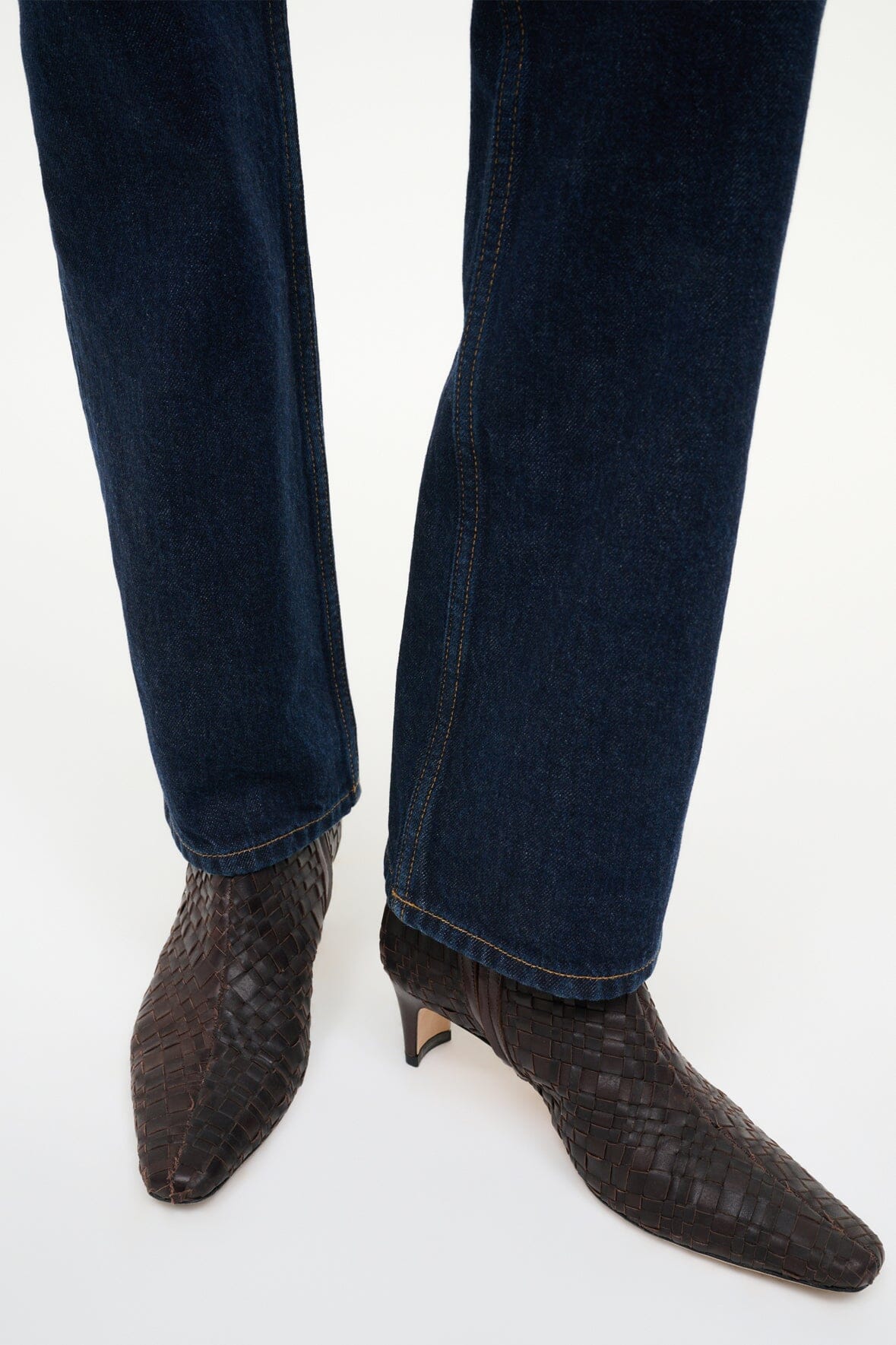 Ankle boots with woven leather upper in dark espresso and low stacked heel
