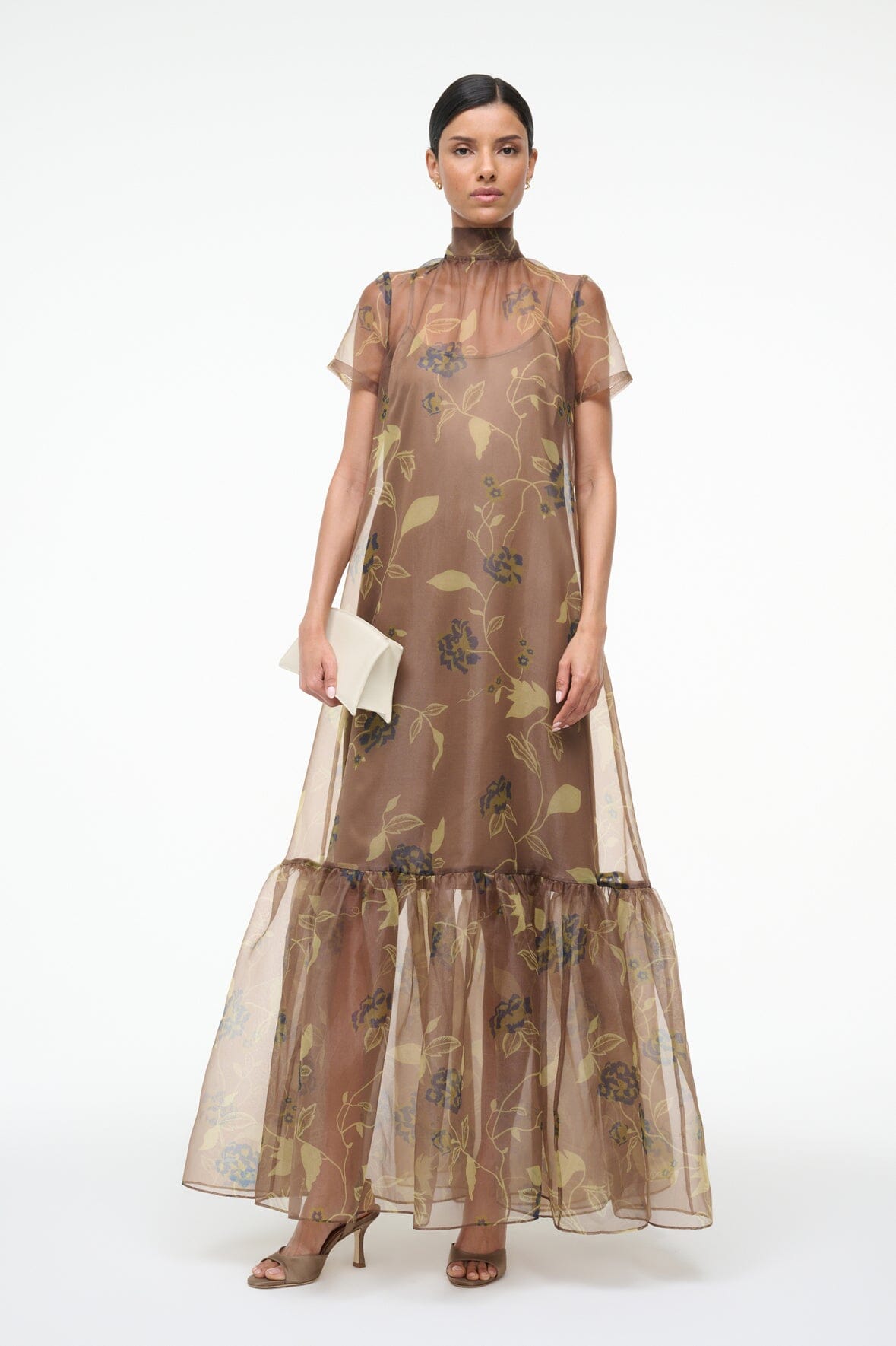 Brown vintage floral sheer maxi dress with high neck, short sleeves, and tiered hem