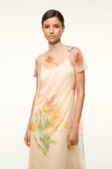 Front view peach floral maxi dress with round neckline and layered ruffle skirt