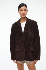 Women's espresso-brown suede jacket with notch lapels, button front, and flap pockets