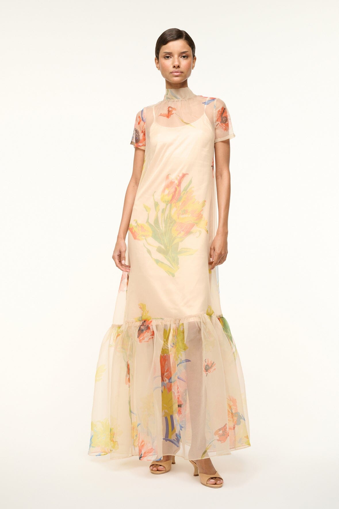 Peach floral maxi dress with sheer short sleeves and layered tiered maxi skirt