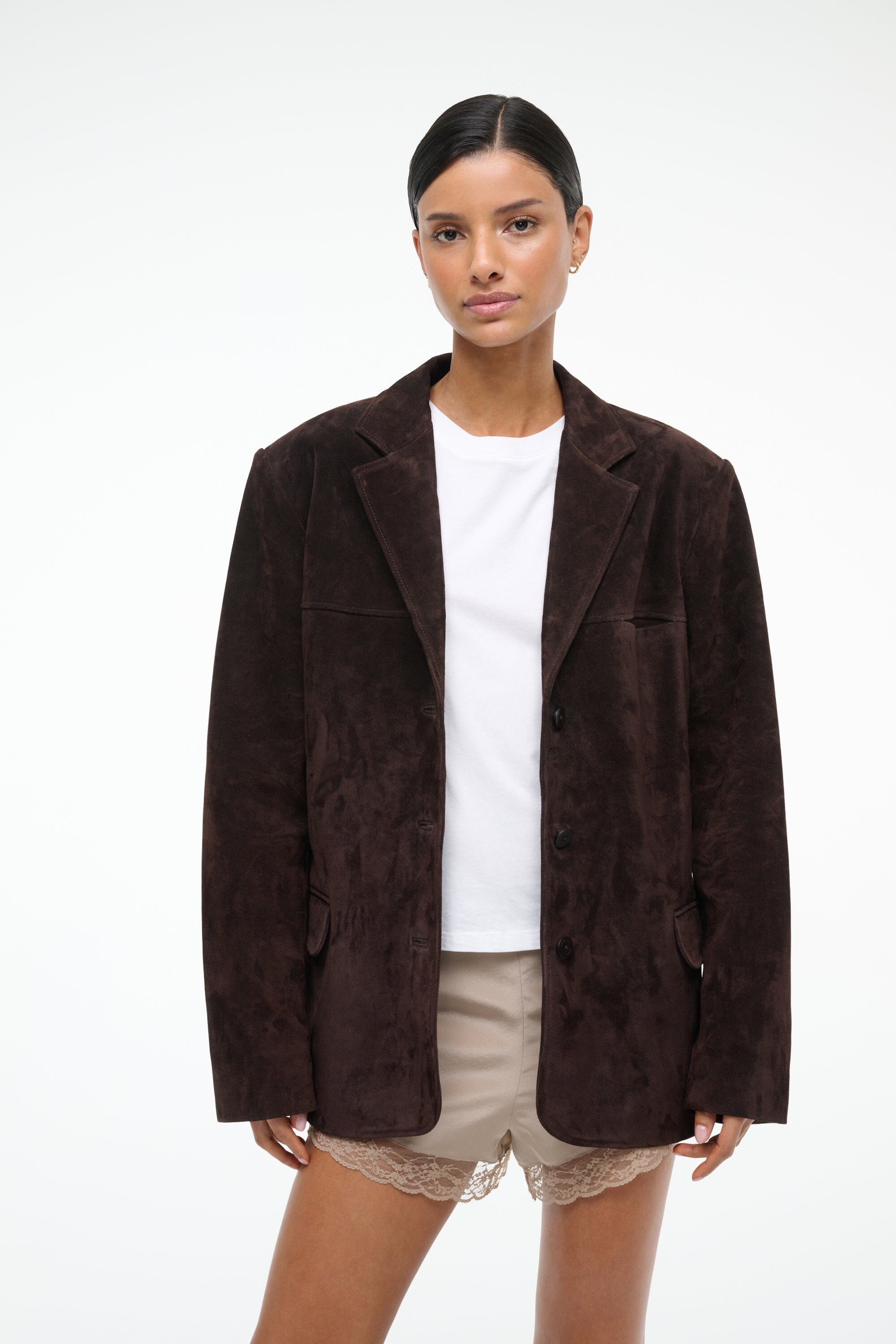 Women's espresso-brown suede jacket, open front with notch lapels and flap pockets