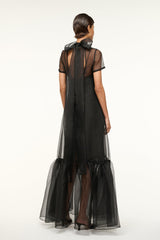 Black back view mesh dress with short sleeves and tiered tulle skirt