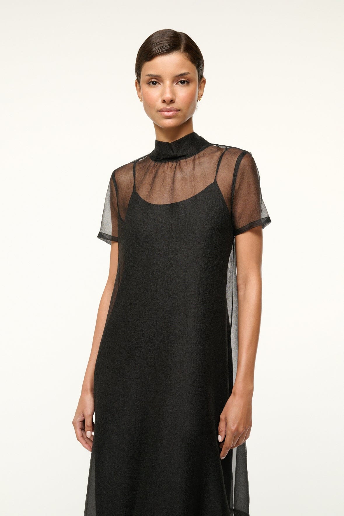 Black sheer yoke dress with high neckline and short sleeves