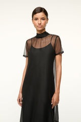 Black sheer yoke dress with high neckline and short sleeves