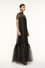 Black mesh dress with short sleeves and tiered tulle ruffle hem