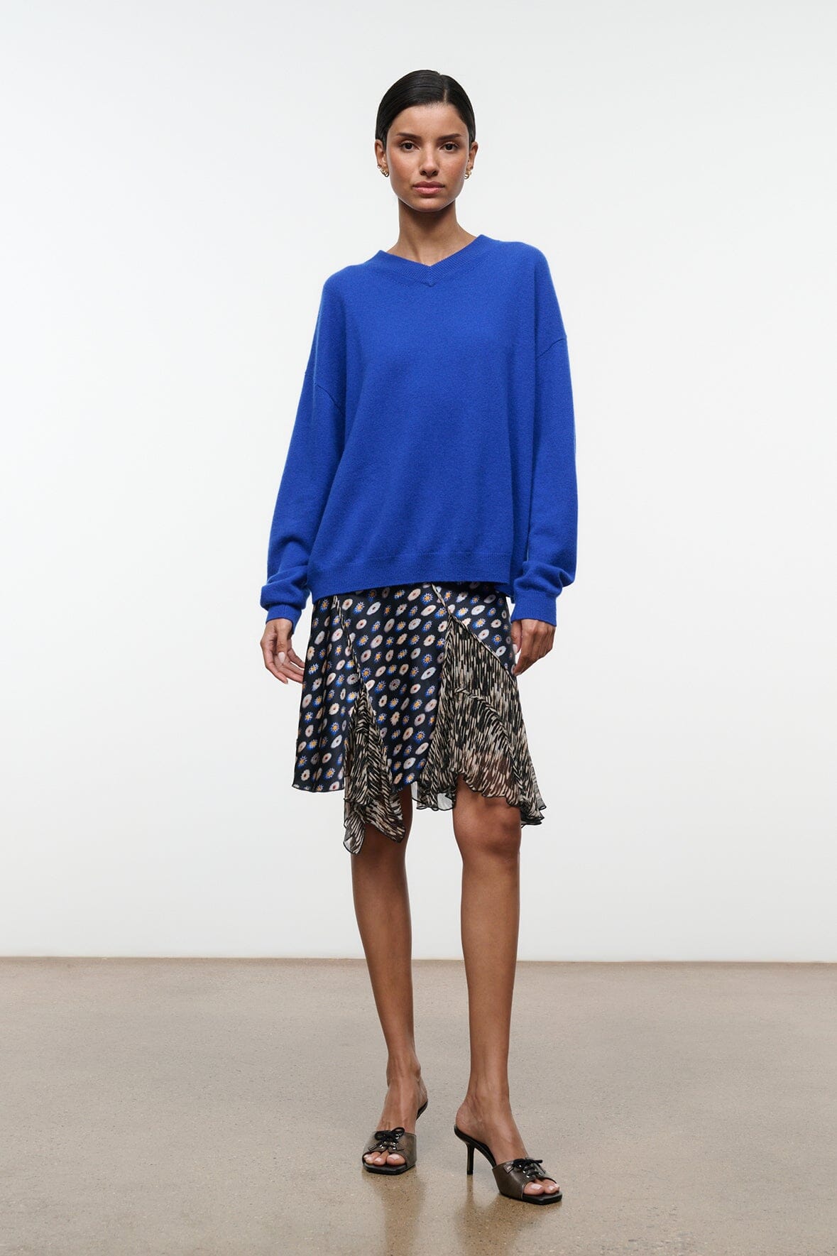 Silk skirt in navy with multicolor dot print, flared layered hem