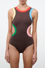 Dark brown one-piece swimsuit with multicolor curved side panels and high legs