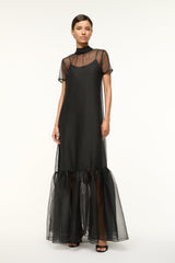Black mesh shift dress with short sleeves and layered tulle ruffle hem