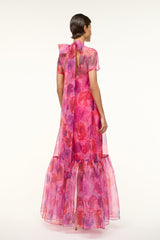 Calluna magenta painted floral maxi dress, back view, high neck and ruffled tiers