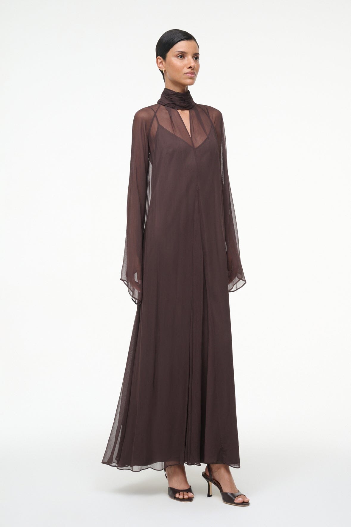 Brown long maxi dress with high neck scarf and sheer sleeve panels