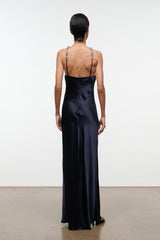 Navy satin maxi dress with open back and beaded halter straps